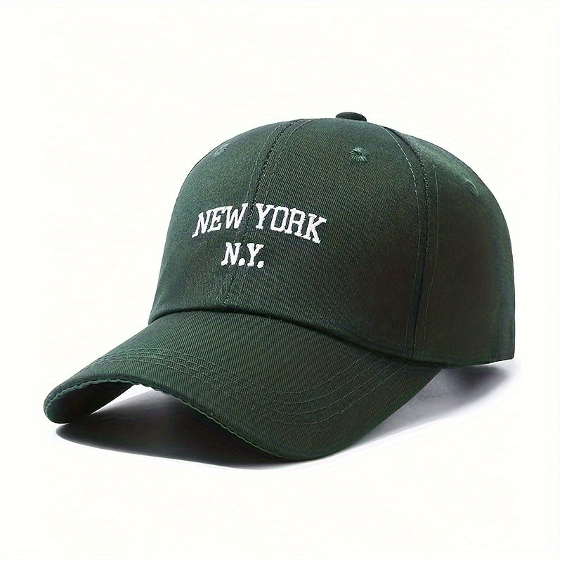 New York embroidered baseball cap with adjustable snapback for sun protection in black with white NYC lettering. Suitable for outdoor sports, unisex, and made of polyester blend.