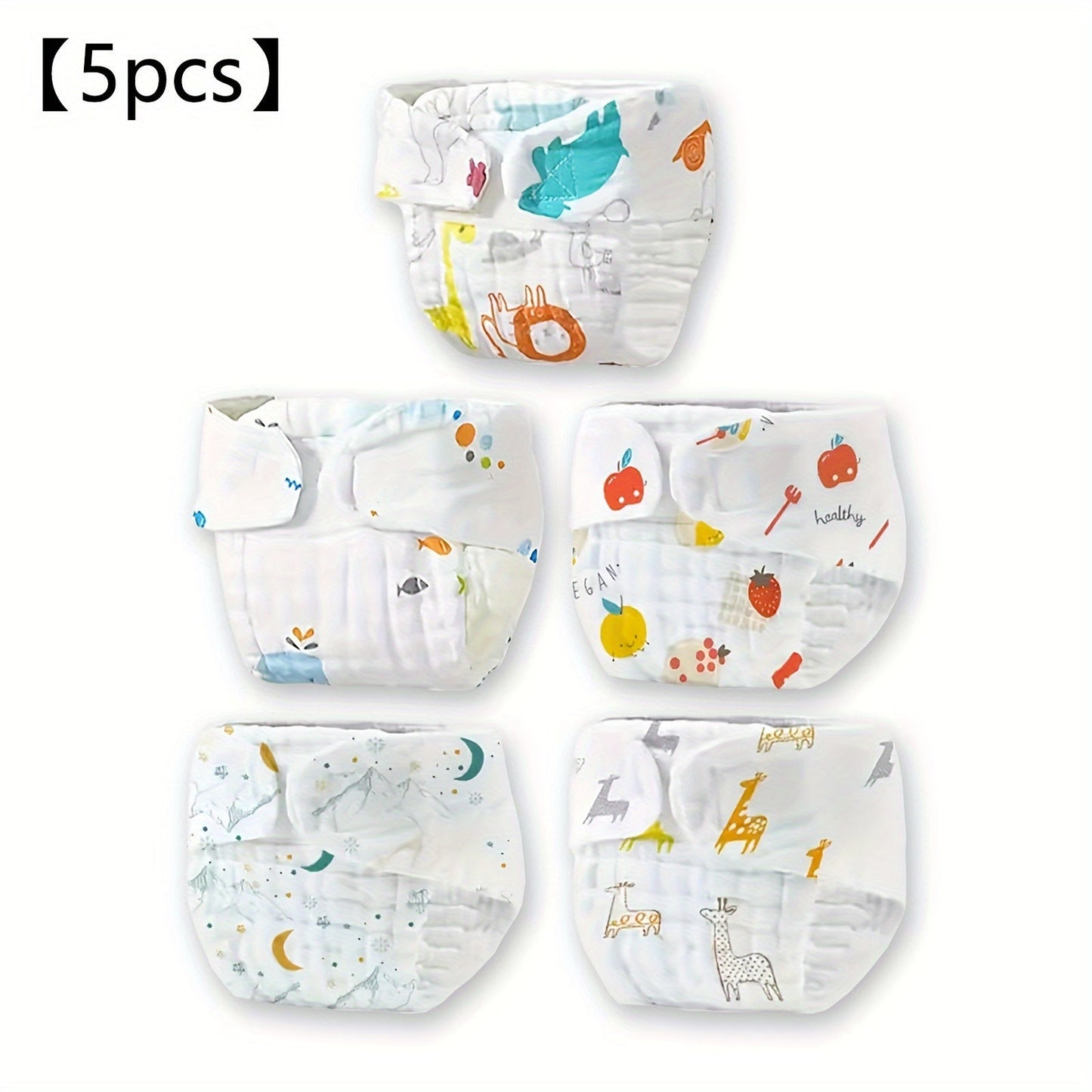 Soft and reusable training diapers with adorable cartoon prints, perfect for youngsters aged 0-6 years. These washable cloth potty pants make a great holiday gift for Christmas, Halloween, and New Year. Get 5 pieces in this set.