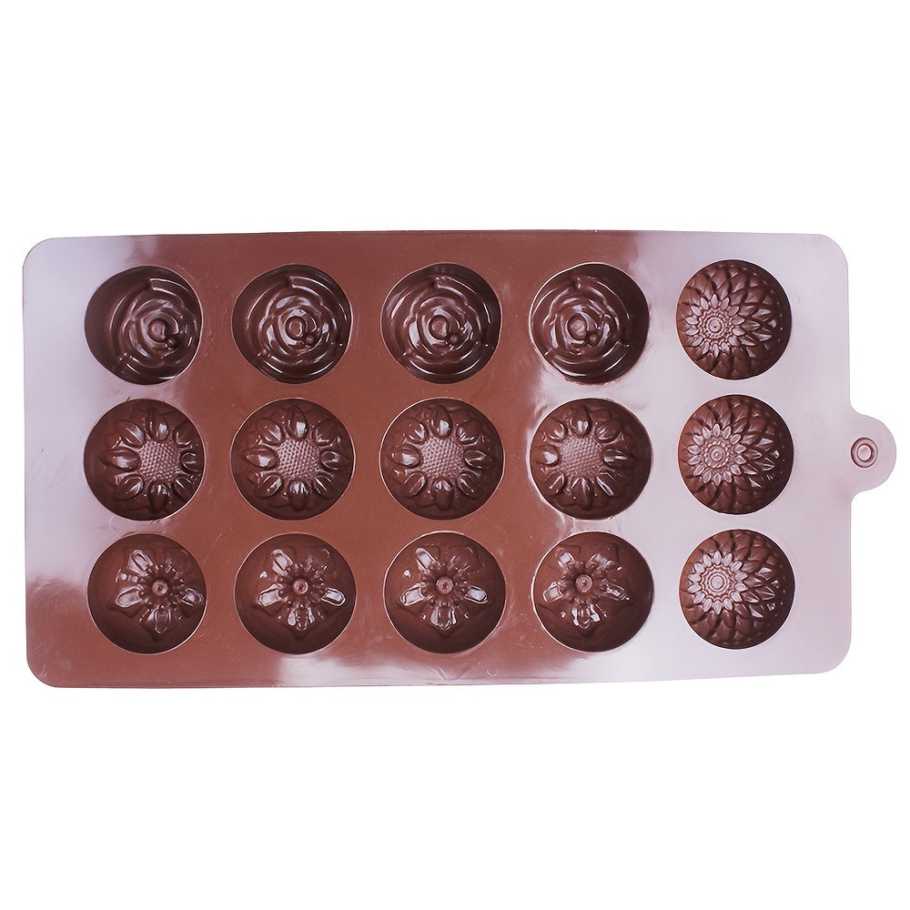 15 small flower-shaped chocolate silicone molds for DIY handmade soap, candy, jelly, mousse, and desserts. Includes 4 different kinds of flower shapes. Perfect for baking and crafting projects.