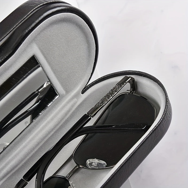 Portable travel eyewear accessory, this eyeglass case made of PU leather features a double layer design with a mirror for convenience. A creative sunglasses box holder perfect for keeping your glasses safe and stylish while on the go.