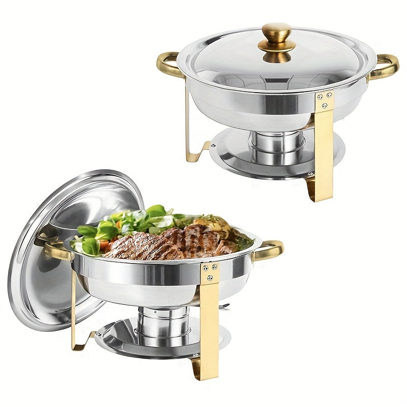 Keep your dishes warm with this stainless steel buffet warmer set, complete with detachable chafing dish, lid, and fuel stand. Ideal for family gatherings, outdoor camping, and holiday parties. This set includes a water pot and makes the perfect