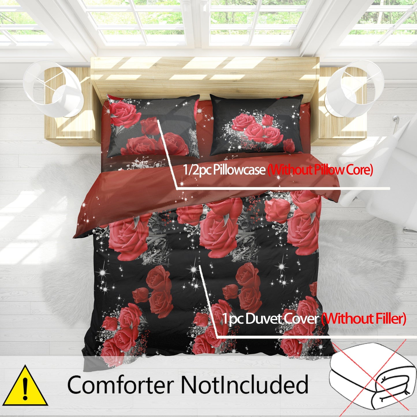 Red Rose Print Bedding Set includes 2/3 pieces with a duvet cover and pillowcases. This bedroom decor set does not include filler. Each set contains 1 duvet cover and 1 or 2 pillowcases, without pillow core.