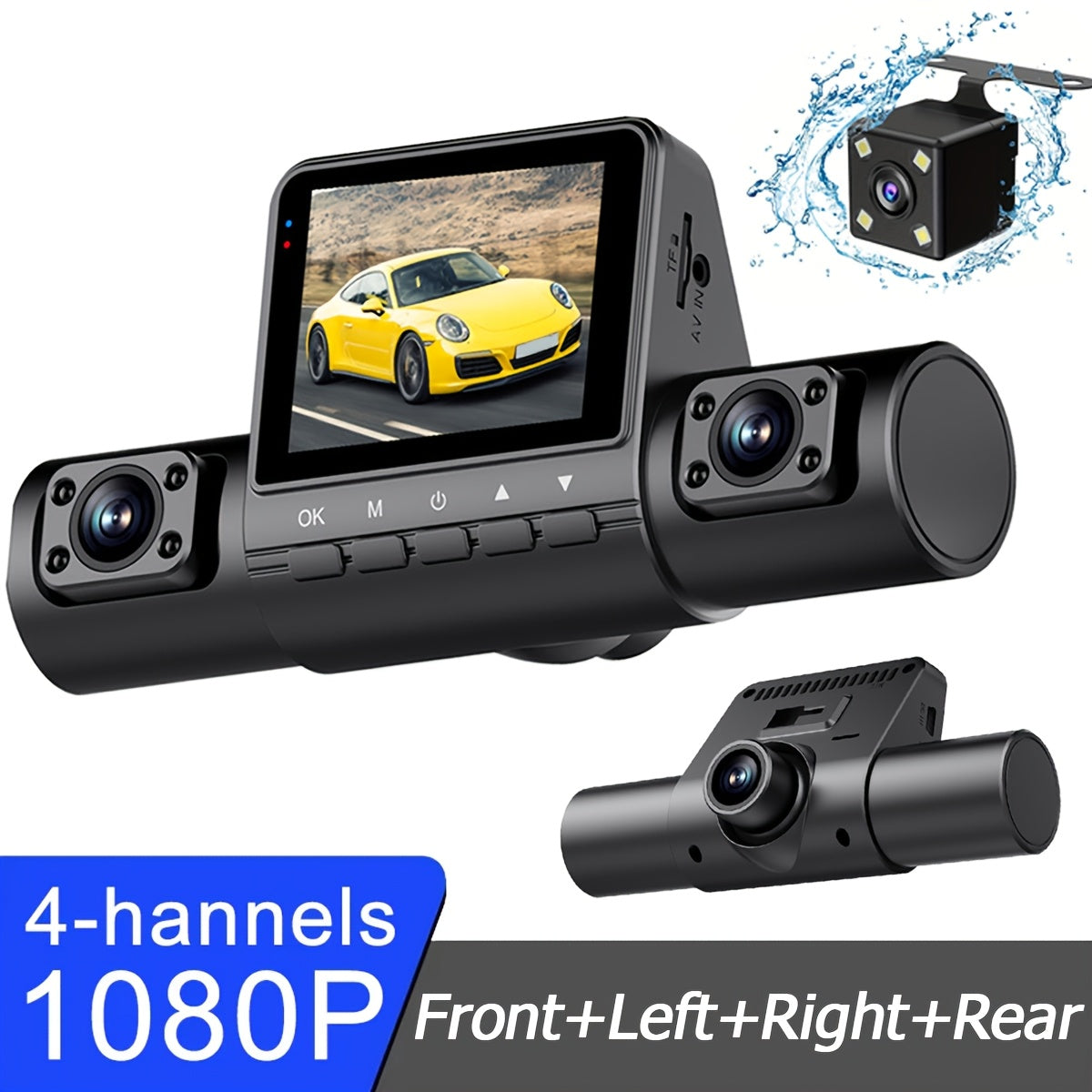 4 Channel Black Box Dash Cam with Front FHD 1080P and Rear Night Vision