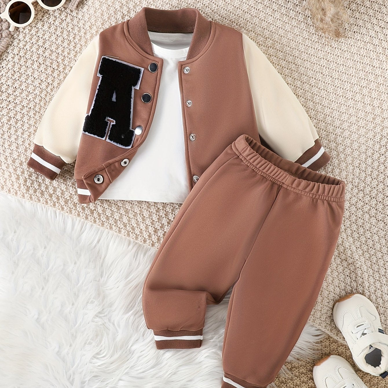 Infant boys' casual outfits for fall/winter: trendy baseball coat and pants set.