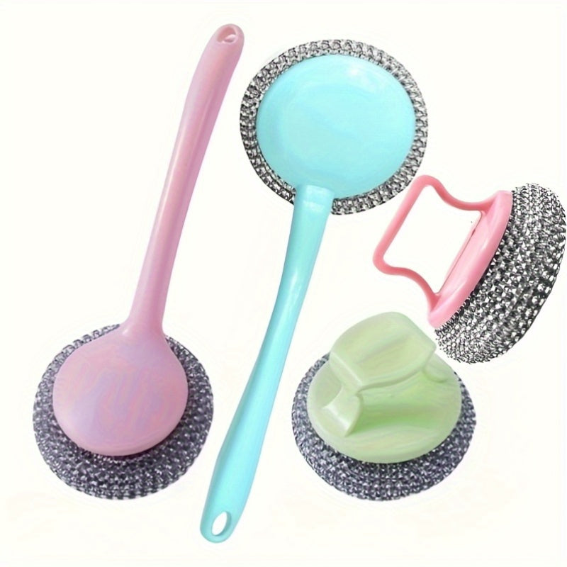 Introducing a 6-piece stainless steel brush set, which includes 4 brush heads, a long handle, and a short handle. This set is perfect for cleaning kitchens, bathrooms, and toilets. It also comes with heavy-duty steel wool scrubbing pads and a manual