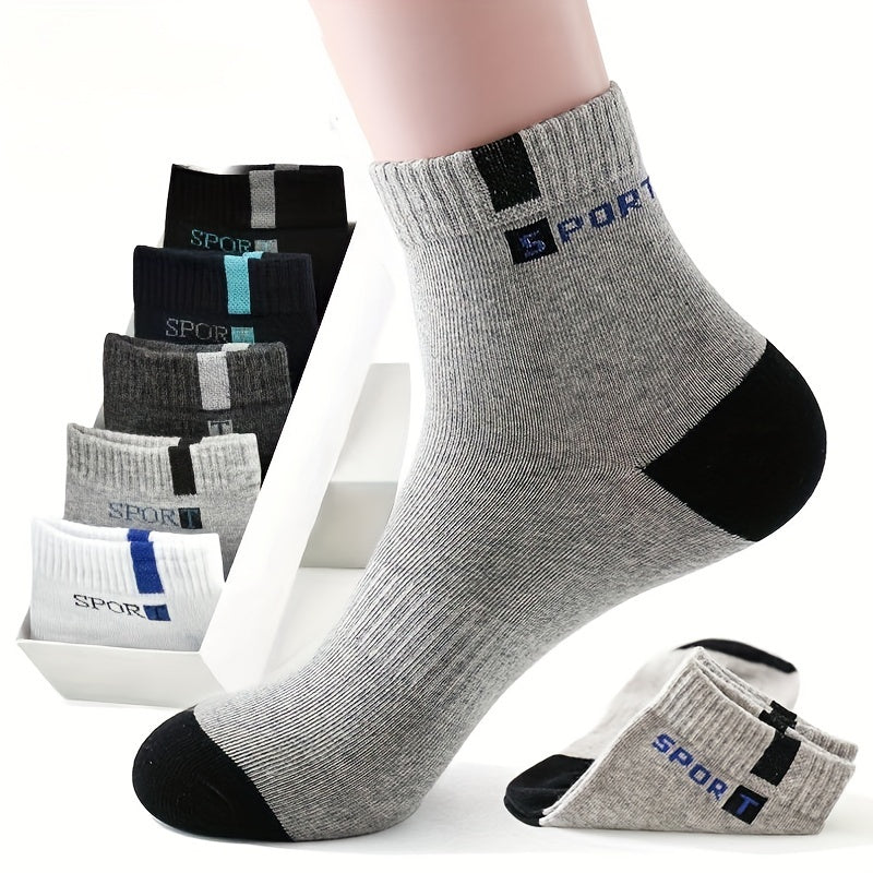 Men's athletic socks with stylish lettering, high elasticity, and moisture-wicking polyester blend. Suitable for running and outdoor sports in black, gray, white, blue, and navy options.