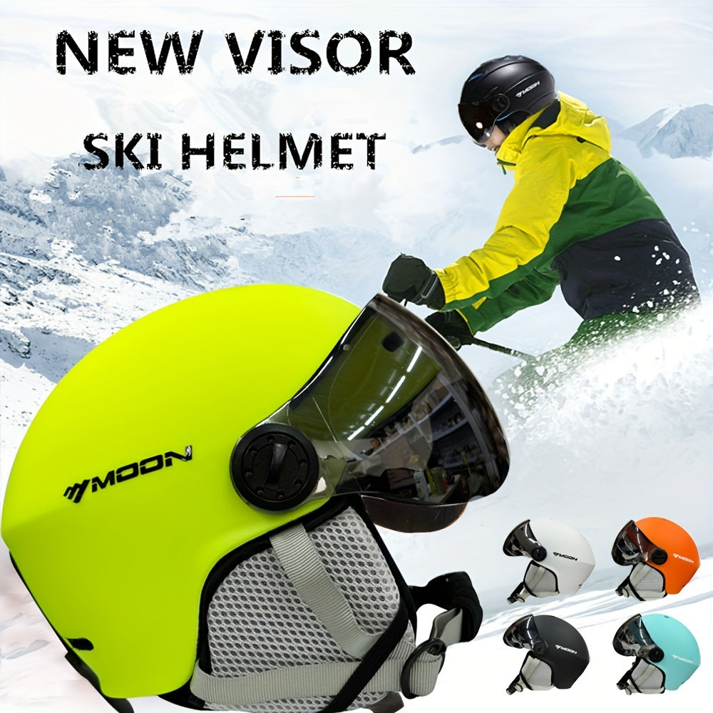 Moon Ski Helmet with Goggles offers all-around protection for outdoor sports like snowboarding and skateboarding. Features include a PC+EPS construction, universal fit, integrated visor