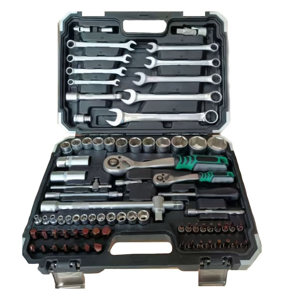 High-end Professional 53&46pcs 1/4 inch Drive Tool Set for automotive and home repair, includes ratchet wrench, metric sleeves, and extension bar with storage box.