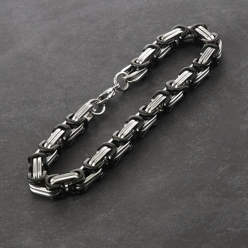 Stylish men's stainless steel chain bracelet in 8mm width, featuring a sturdy Byzantine box chain design. Available in black, golden, or silvery colors, this hip hop inspired bracelet is the perfect accessory for men looking to add some flair to their