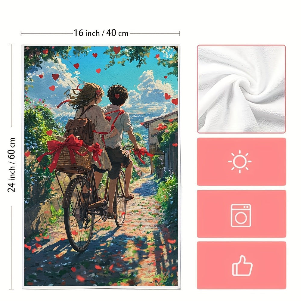 This set includes 2 ultra-soft kitchen towels showcasing an anime couple riding a tandem bicycle decorated with red ribbons and heart-shaped bells on a scenic country road. These highly absorbent dish towels are ideal for holiday decor, can be easily