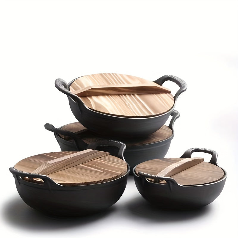 Traditional Chinese Wok Set with Wooden Lid - Includes Non-Stick Cooking Pot, Cast Iron Pan, Cookware, and Kitchen Accessories