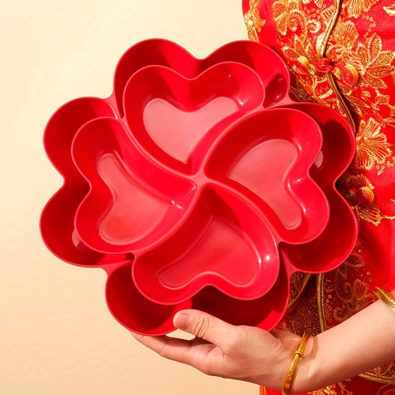 Heart-shaped 4-section plastic snack serving tray, perfect for parties and events, suitable for all seasons, can hold nuts, candy, dried fruits, and salads. Ideal for weddings, engagements, and Diwali celebrations.