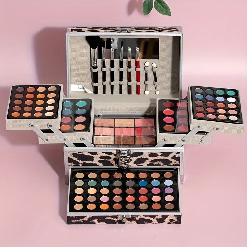 Portable travel facial cosmetics set with leopard print matte velvet, creamy, high-shimmer, and glitter texture multi-use makeup palette. Includes blush, eye-shadow, contour, and