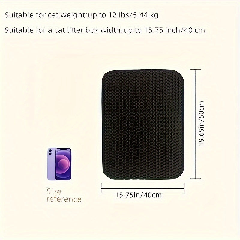 Extra large cat litter mat in gray and black with non-slip honeycomb double layer design. Made of high-quality EVA material that is urine and waterproof. Easy to clean with directional