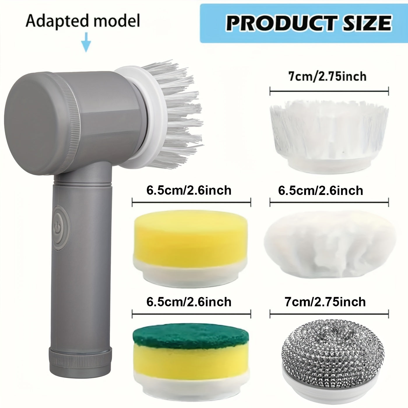 5 to 10 pieces of replacement brush heads are available as accessories for electric rotating cleaning brushes. These rechargeable electric cleaners replacement heads are suitable for bathtubs, floors, walls, tiles, bathrooms, windows, and sinks.