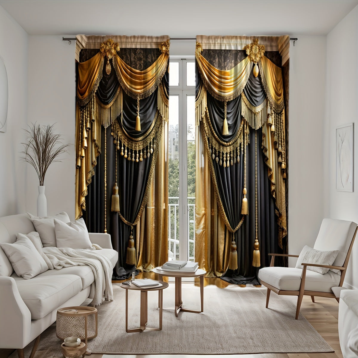 2pc Luxurious Black & Golden Valance Curtains with Elegant Rod Pocket Design, Semi-Transparent Polyester Fabric. Machine washable, perfect for living rooms or bedrooms. Ideal for study room