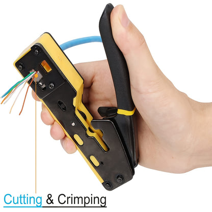 Ratcheting tool for modular data cables cutting and stripping RJ11/RJ12 and RJ45 connectors.