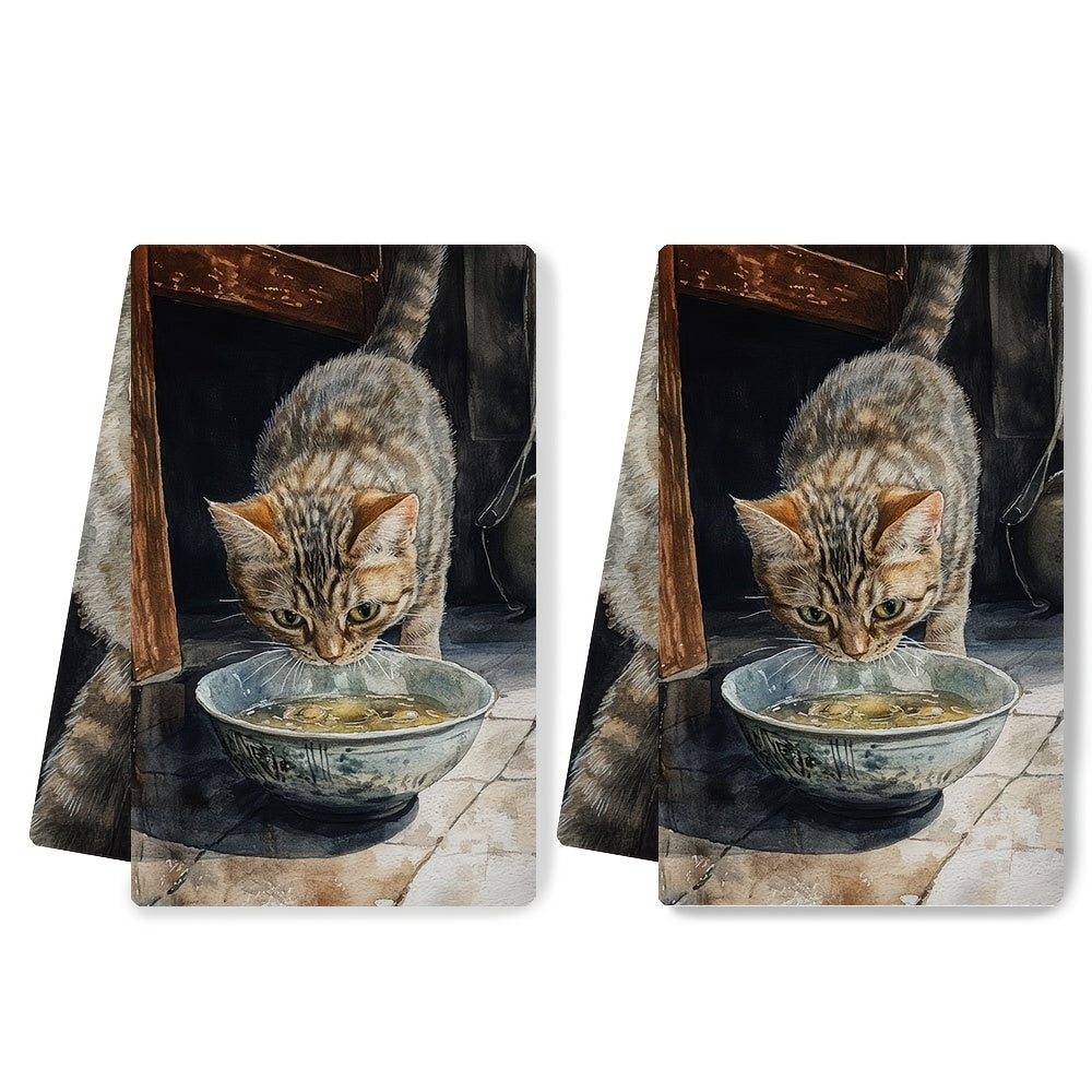 Set of 2 Kitchen Towels with "The Gentle Meow of a Kitten Asking for Food" Design - Super Soft, Quick-Drying & Easy to Clean Dish Hand Towels, Modern 40.64x60.96 cm Size, Ideal for Festive Decor, Must-Have Kitchen Accessories