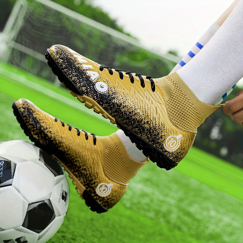 Men's high top turf football boots, outdoor anti-skid, breathable lace-up TF soccer cleats.