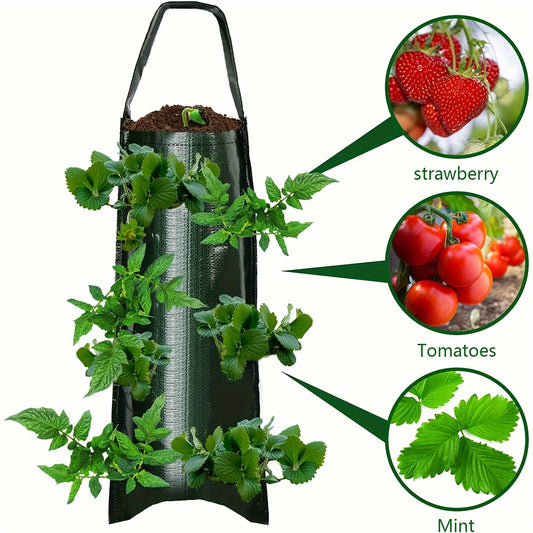 1 Pack, Vertical Hanging Strawberry Planter Bag with Multiple Pockets for various plants, made of durable non-woven material in green color, measuring 59.94cm in length and with drainage