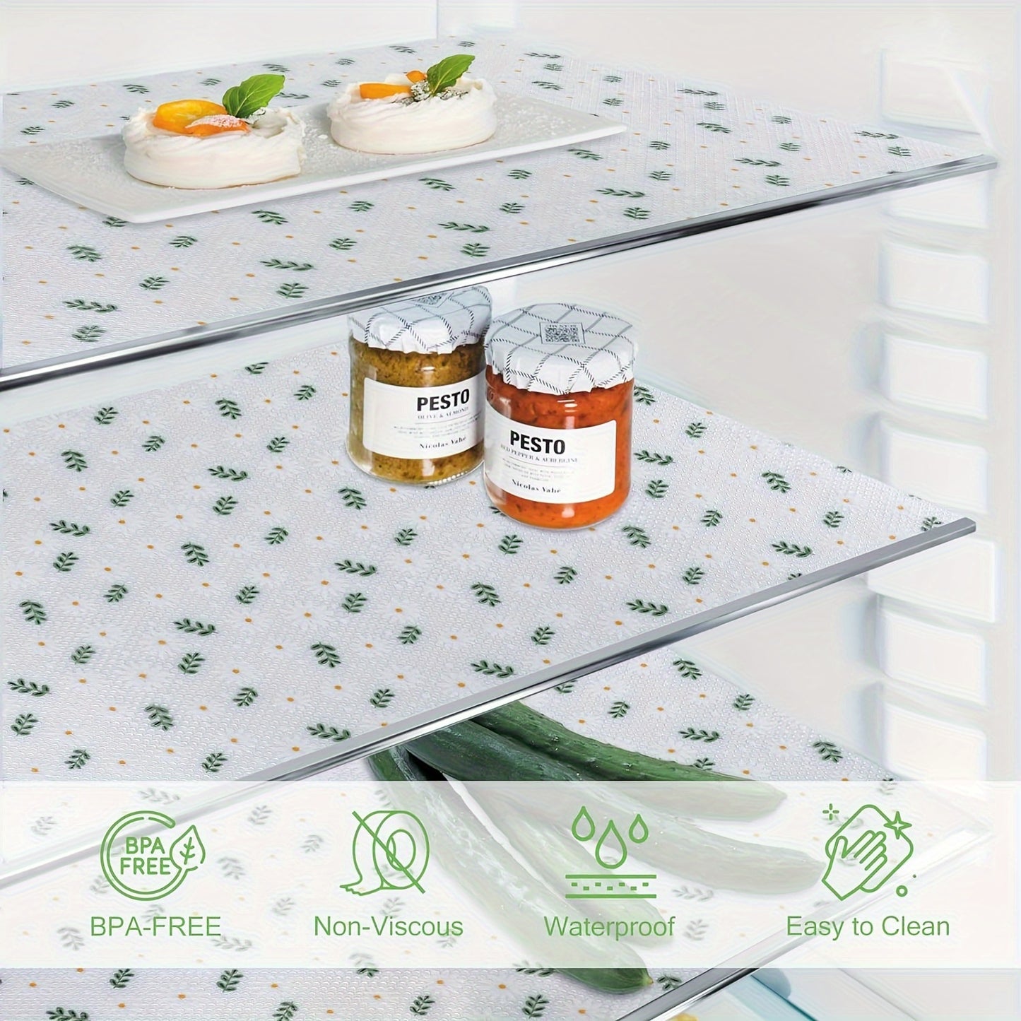 Elegant daisy pattern EVA shelf liner, waterproof, non-slip, and versatile for various uses in the home. BPA-free, odorless, easy to clean and cut. Ideal for kitchen cabinets, drawers, refrigerators, tables, wardrobes, and shoe cabinets. Transparent