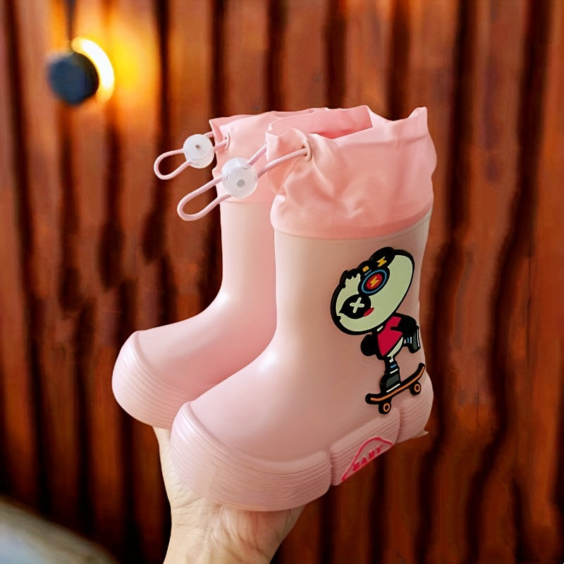 Children's waterproof rain boots featuring adorable cartoon dinosaur and panda designs, with soft, anti-slip soles for both boys and girls.