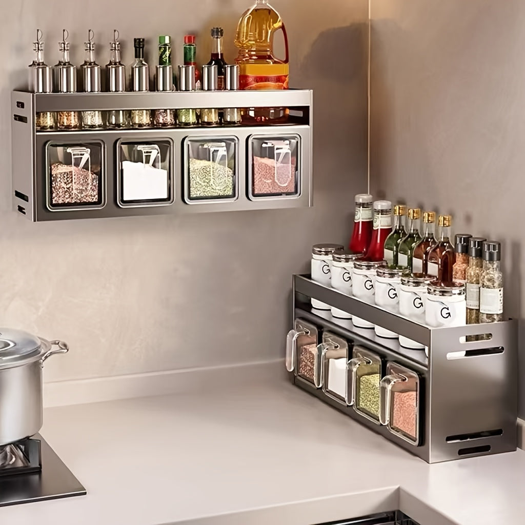 Aluminum wall-mounted rack for condiment storage, with multi-functional tiered shelf.