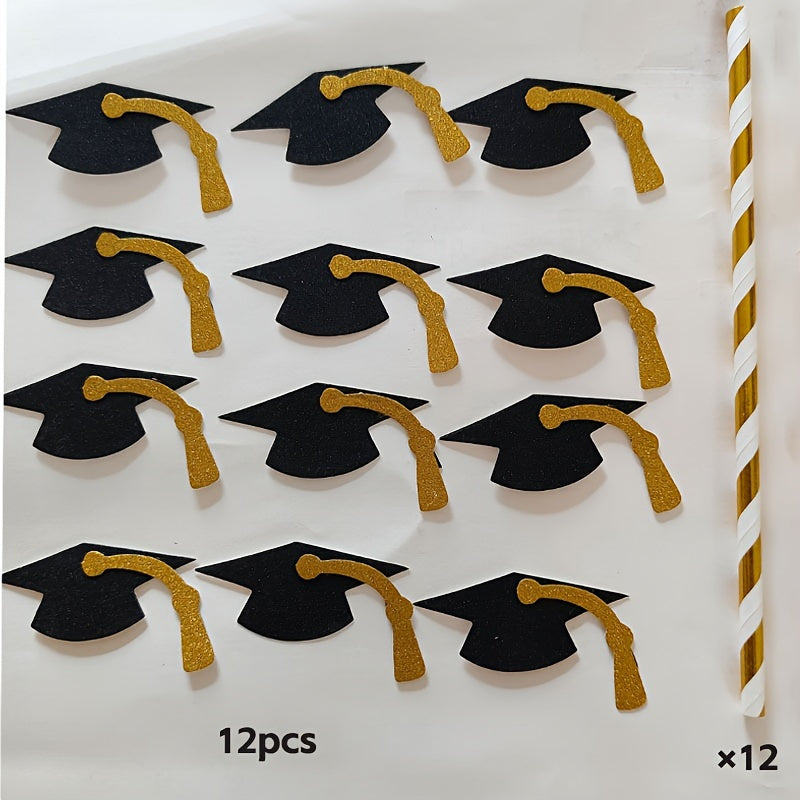 12 elegant graduation cap paper straws featuring golden foil accents. Ideal for juices, shakes, and cocktails at graduation parties. Disposable and festive drink accessories. Decorate your celebration with glittery graduation caps and stylish cocktail