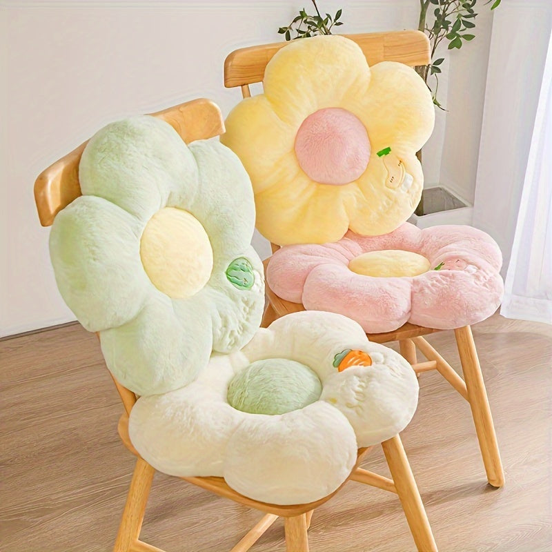 Plush polyester seat cushion with fruit and flower theme. Round and machine washable. Provides full-body support for long periods of sitting. Ideal for car, chair, sofa. Perfect gift for