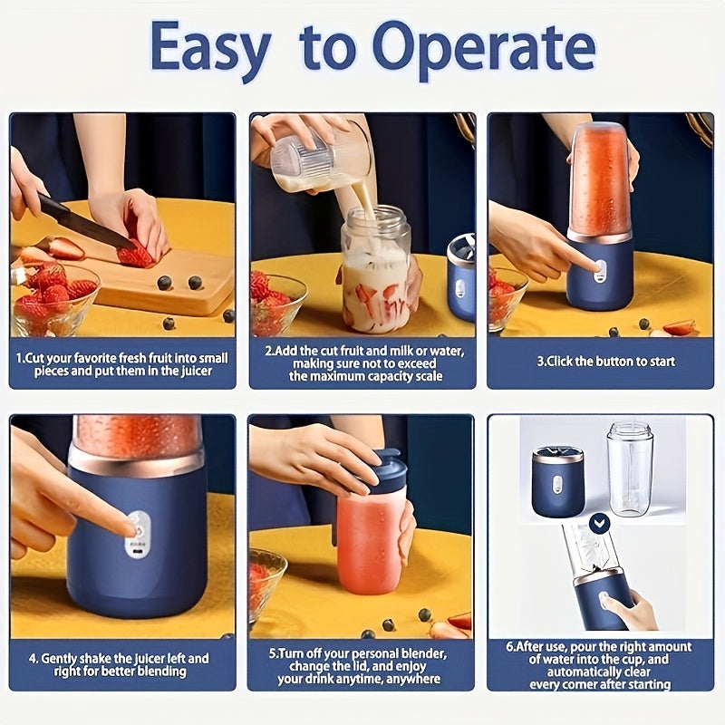 This portable blender is a personal smoothie maker with a travel lid, 2 cups each holding 13.53 ounces. It is a USB rechargeable mini fruit blender with 6 blades, making it suitable for use in the kitchen, at home, and while traveling.