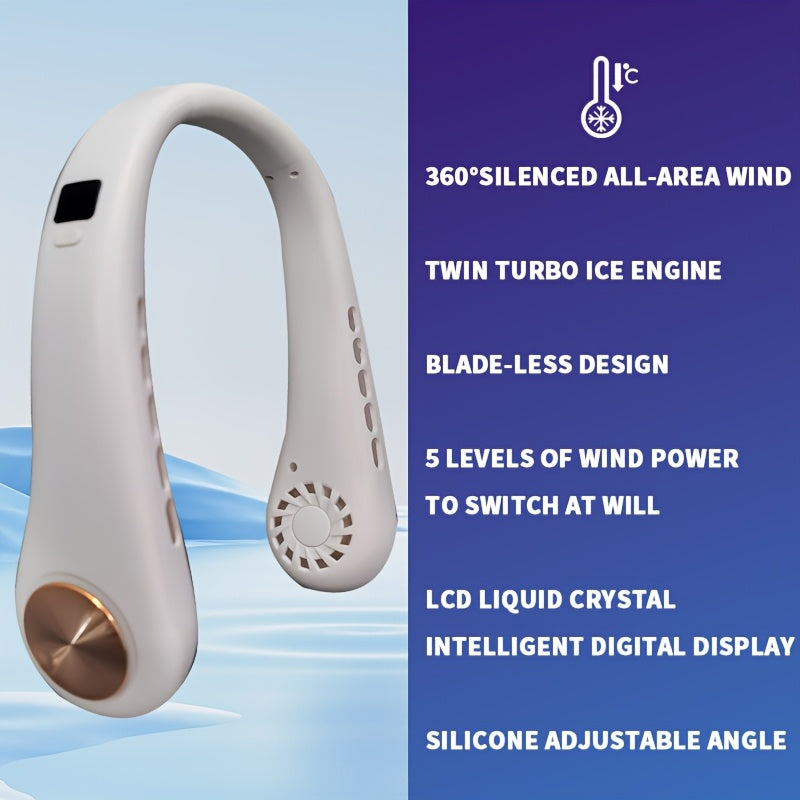 Stay cool with the JKUOO Portable Neck Fan, featuring a digital display, 5 speed settings, adjustable silicone strap, USB rechargeable 1200mAh lithium battery, and large wind output. Perfect for use at home, in the office, or during outdoor activities