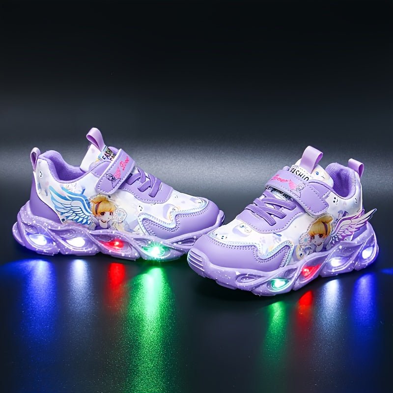 Girls' low top running shoes with glittering design, buckle closure, and lightweight microfiber synthetic construction for kids aged 14 and under.