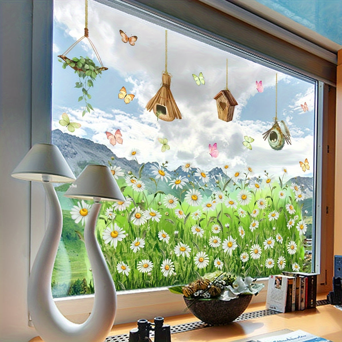 Decorate your living room, bedroom, or home with our charming Daisy & Butterfly Window Clings. These reusable electrostatic decals are perfect for adding a touch of whimsy to your decor. Pair them with our birdcage and glass accessories for a complete