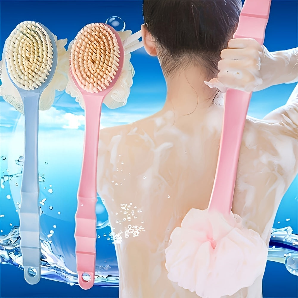 Two-in-one shower brush with soft loofah for back scrubbing, no batteries or oil needed.