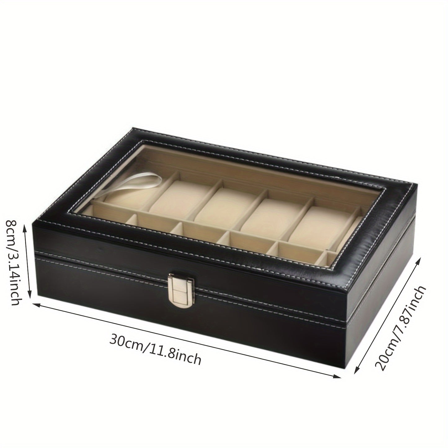 12-compartment faux leather watch box with glass lid, metal clasp, velvet lining, and flip-top closure. Black jewelry organizer for watches.