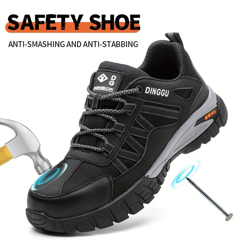 Durable steel toe work shoes with puncture-proof, non-slip and shock-absorbing features.