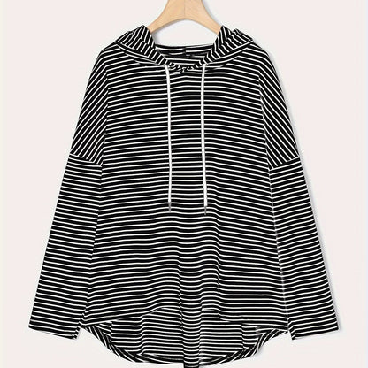 Oversized hoodie with stripes, drawstring, and machine washable polyester blend fabric, perfect for a casual and comfortable look in spring/fall.