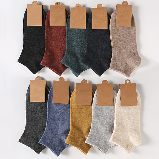 10 Men's Breathable No-Show Socks - Vintage Style, Solid Color, Polyester Blend, Hand Wash Only