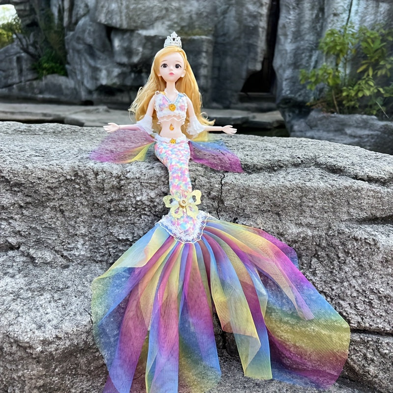 44.98cm Princess Mermaid Doll with PVC body, realistic eyes, movable joints, dress-up accessories, perfect for girls' birthday gift, playtime, and room decor.