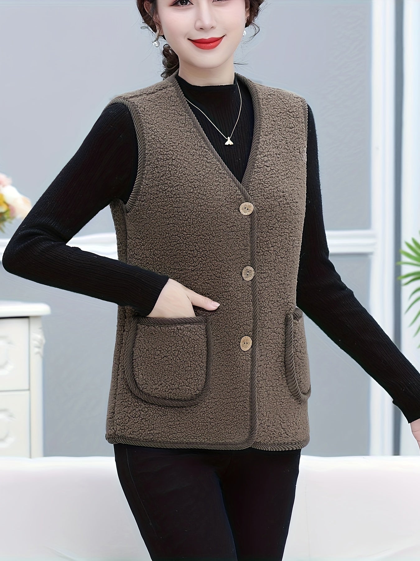 Warm and stylish fleece-lined vest with pockets for women.