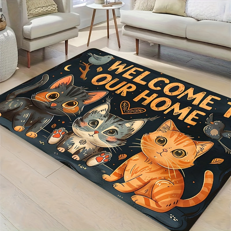 Add a Touch of Adorableness to Your Home with this Cute Cats "Welcome to Our Home" Doormat - Easy to Clean Machine Washable Polyester Non-Slip Rug Perfect for Any Room in Your House or Outdoor Area - Stylish and Functional Mat to Keep Your Space Clean