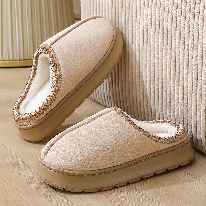 Warm and stylish beige flannel slippers for women with plush lining and striped cuff detail, suitable for indoor and outdoor wear.