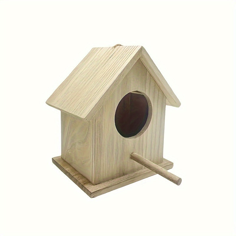 Mini hanging bird feeder made of handcrafted wood, with perch and natural finish, perfect for attracting hummingbirds and small birds in the garden.