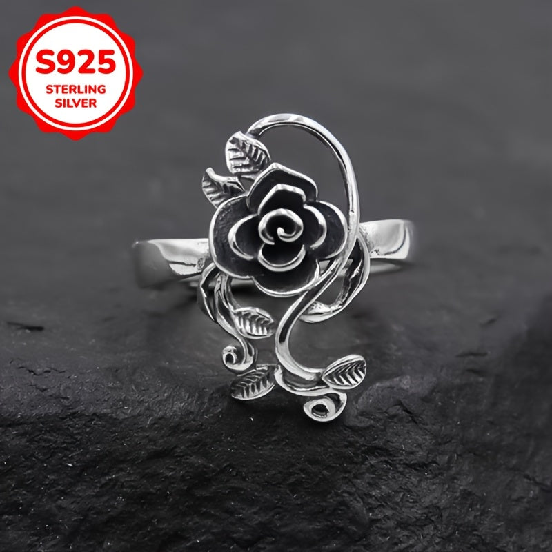 Stylish Vintage Rose Open Ring for Women - Crafted from 925 Sterling Silver, Ideal for Everyday Wear and Gifting