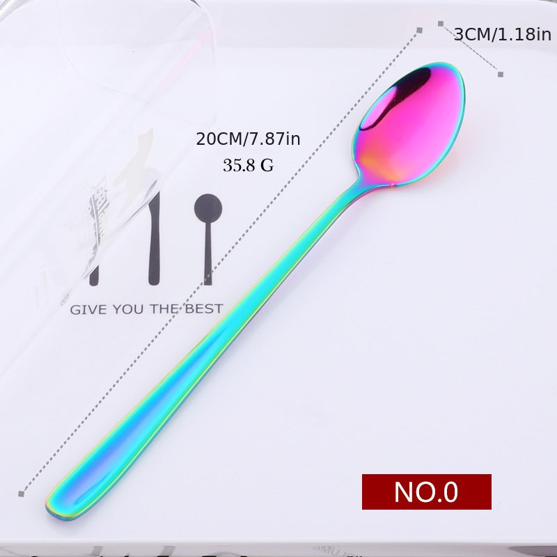 Long handle rainbow ice spoon made of 18/10 stainless steel for mixing and stirring beverages, ice cream, or desserts. Mirror polished.