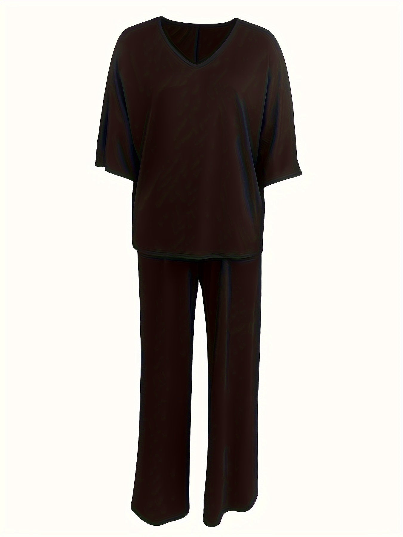 Women's clothing set with solid color pants, half sleeve V neck top, and wide leg pants.