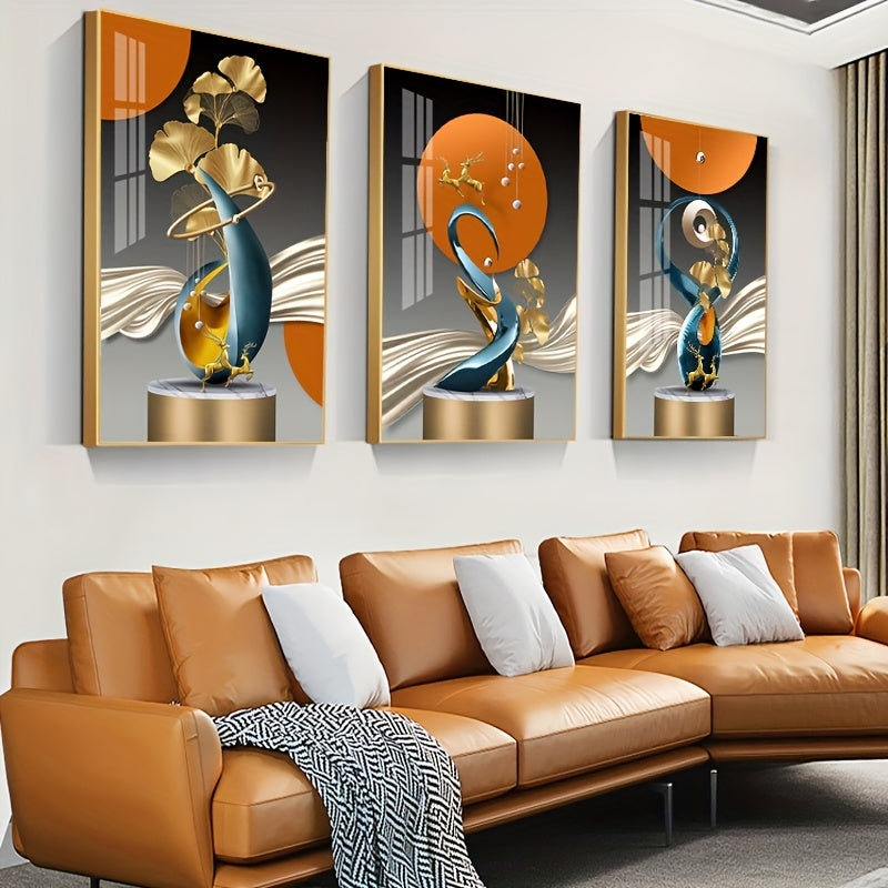 Golden Deer Ginkgo Leaf Canvas Wall Art Set of 3 for Home Décor - Perfect for Living Room, Home Office, Wedding, and Kitchen. Unframed.