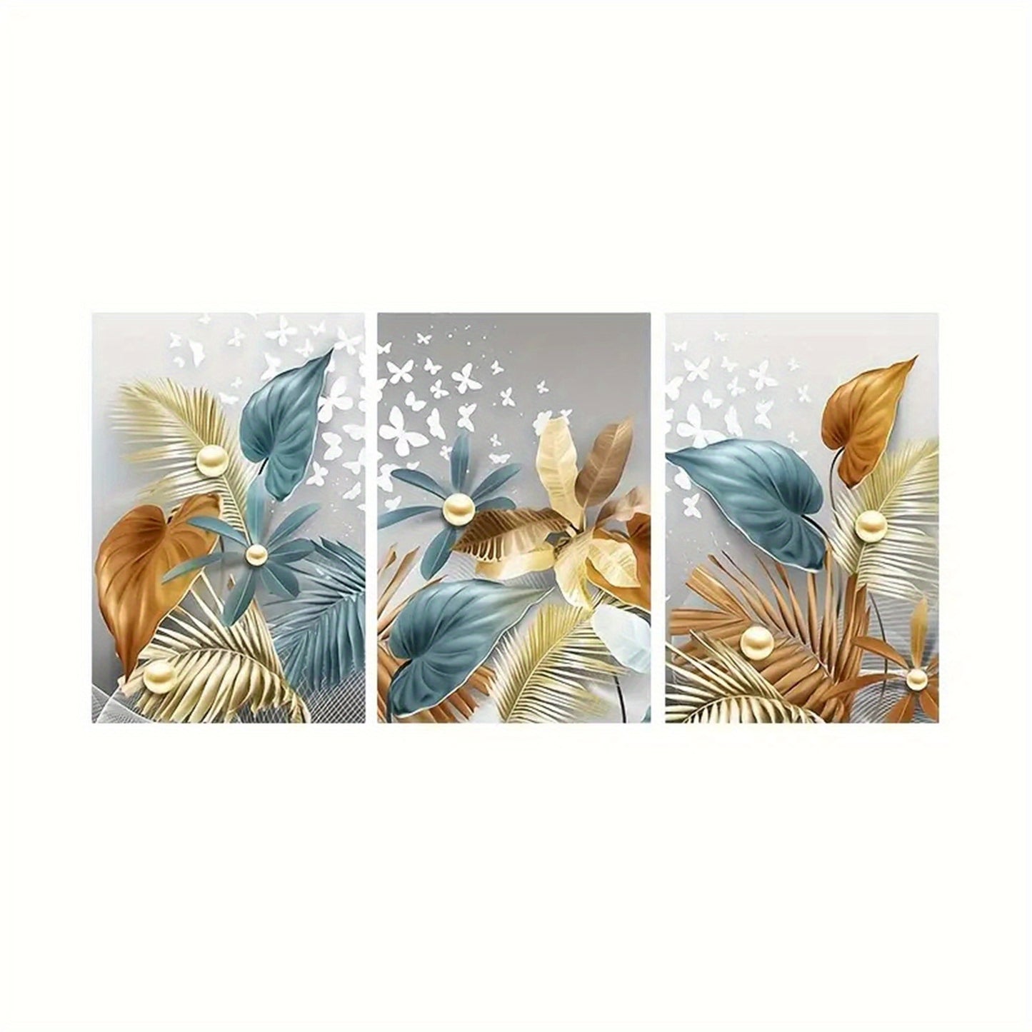 Frameless modern golden butterfly leaves canvas painting for living room decor, 3 pieces, 12x16in/30x40cm, no frame.