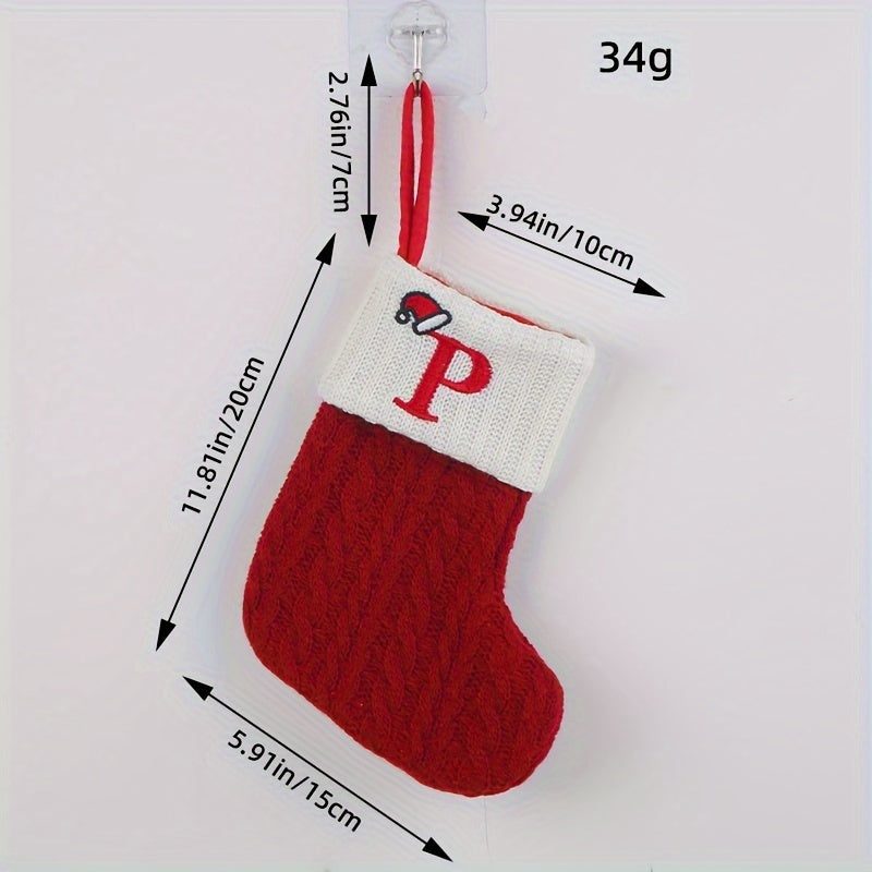 Knitted letter Christmas socks for home tree ornaments; red socks in gift bag for festive attire.