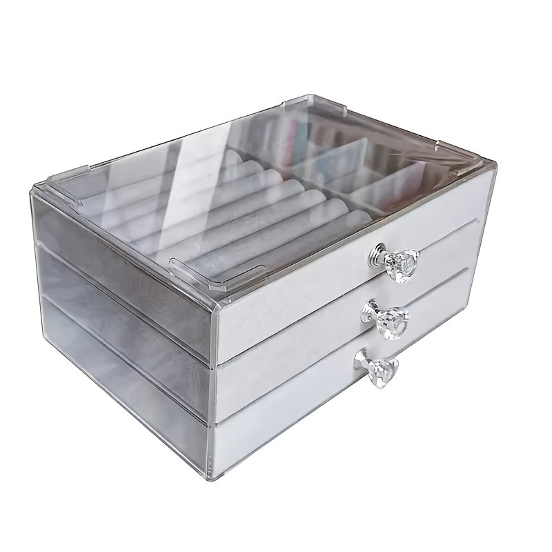 Luxurious Velvet Acrylic Jewelry Storage Box with 3 Drawers, Stackable and Displayable, Ideal for Women's Accessories.